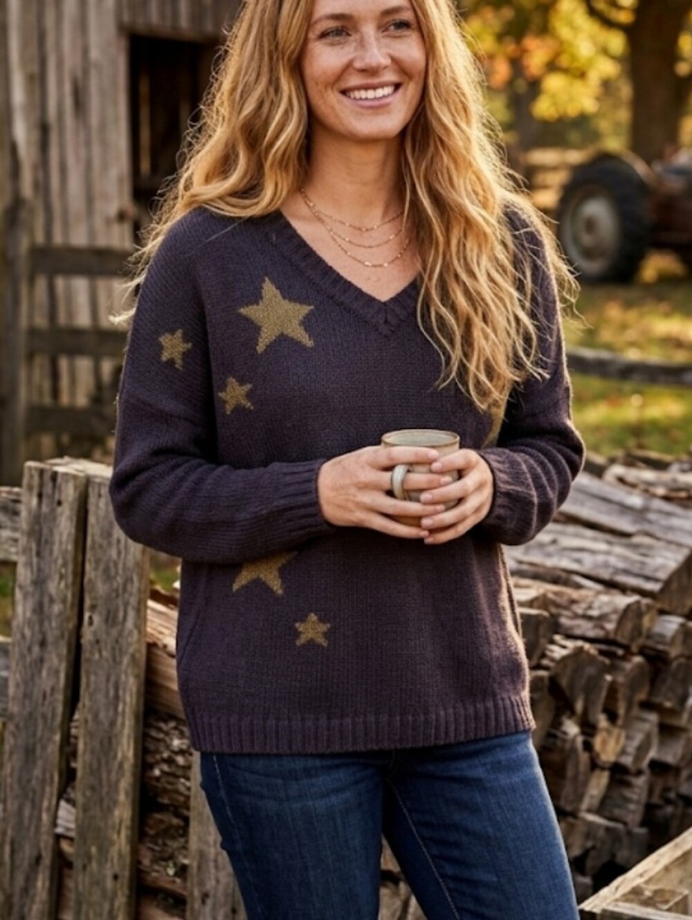 Wooden Ships Wool Blend V Neck Star Print Black Sweater